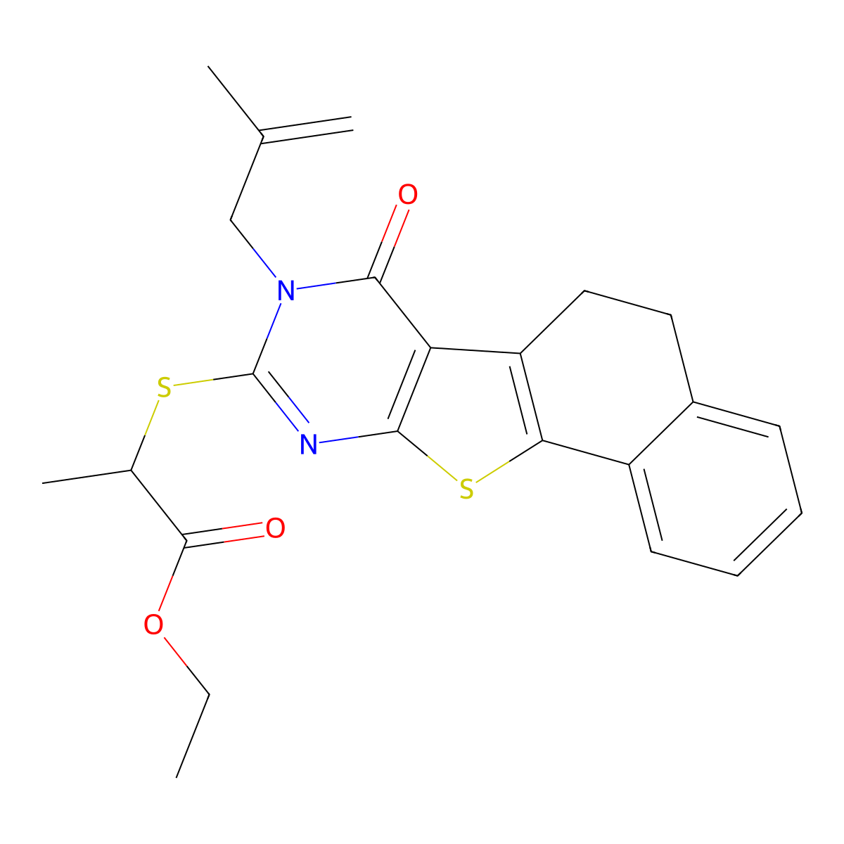 Ethyl 2-((8-(2-methylallyl)-7-oxo-5,6,7,8-tetrahydronaphtho[2',1':4,5]thieno[2,3-d]pyrimidin-9-yl)thio)propanoate molecular structure, CAS 487033-56-7