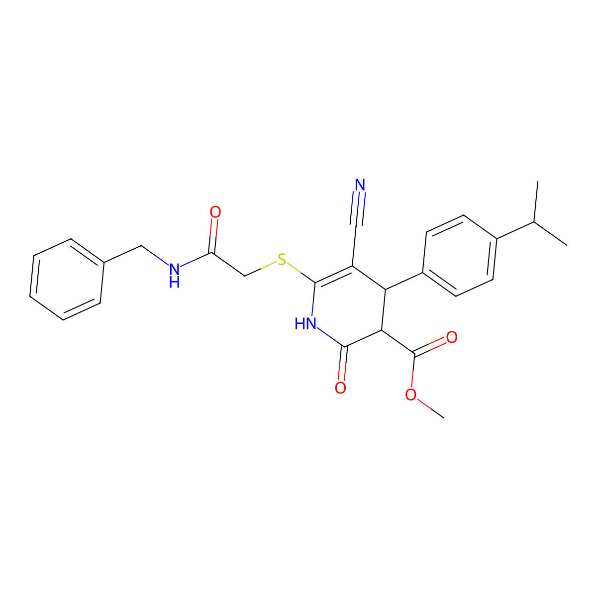 Methyl 6-((2-(benzylamino)-2-oxoethyl)thio)-5-cyano-4-(4-isopropylphenyl)-2-oxo-1,2,3,4-tetrahydropyridine-3-carboxylate molecular structure, CAS 487035-58-5