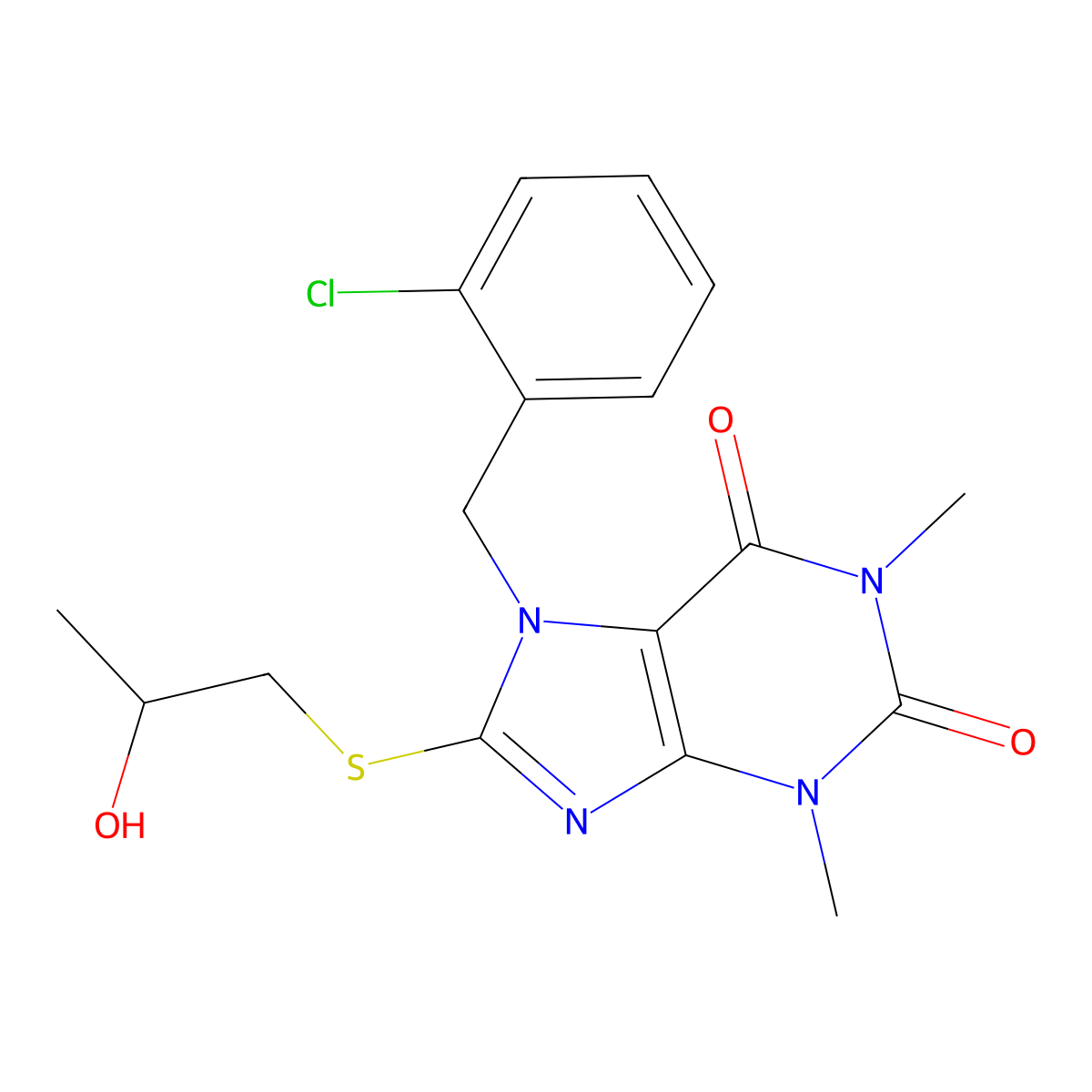 7-(2-chlorobenzyl)-8-((2-hydroxypropyl)thio)-1,3-dimethyl-1H-purine-2,6(3H,7H)-dione molecular structure, CAS 487036-12-4