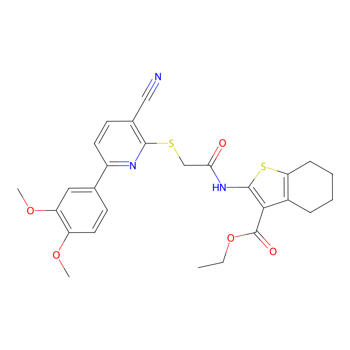 Ethyl 2-[[2-[3-cyano-6-(3,4-dimethoxyphenyl)pyridin-2-yl]sulfanylacetyl]amino]-4,5,6,7-tetrahydro-1-benzothiophene-3-carboxylate molecular structure, CAS 487036-64-6