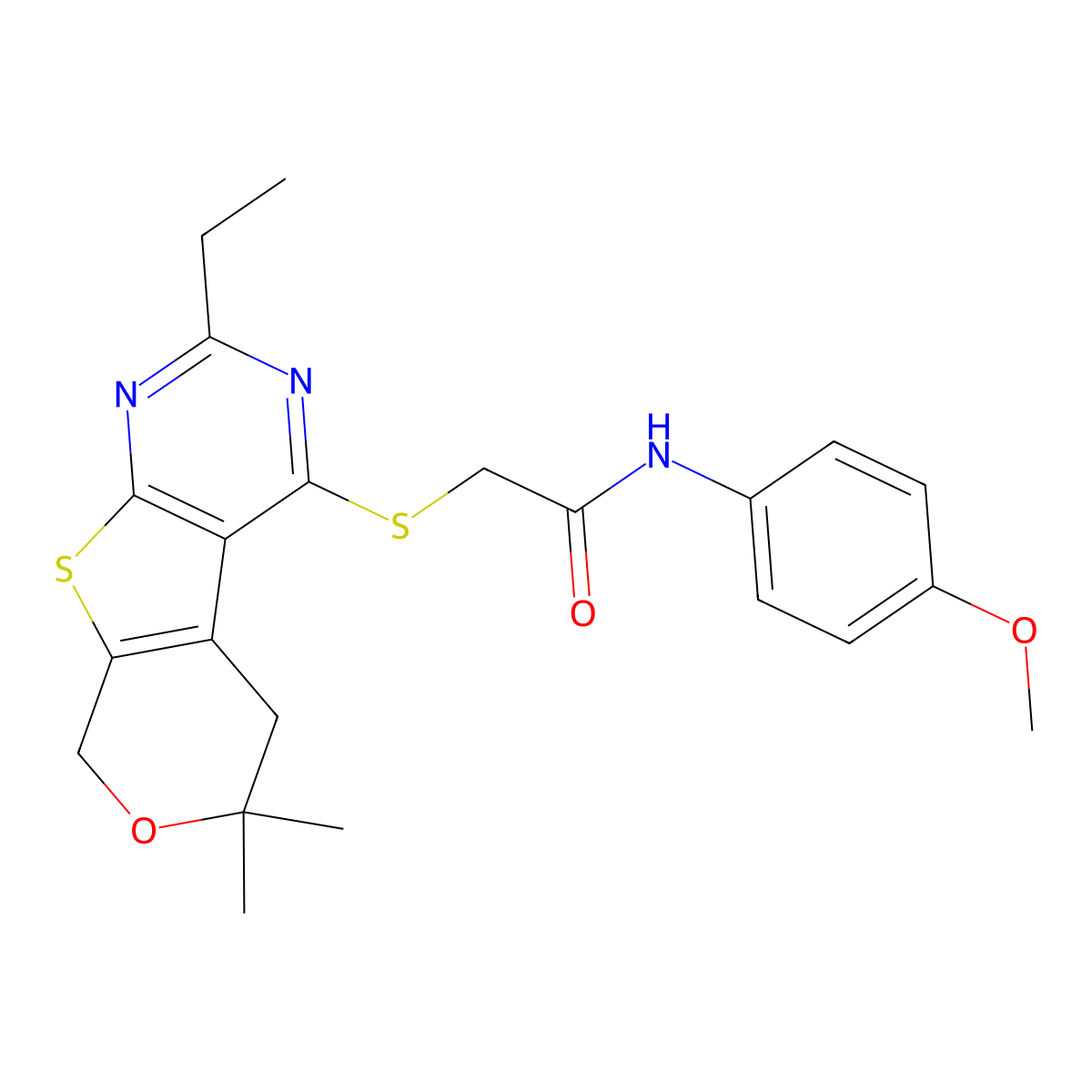 2-[(2-ethyl-6,6-dimethyl-5,8-dihydro-6H-pyrano[4',3':4,5]thieno[2,3-d]pyrimidin-4-yl)sulfanyl]-N-(4-methoxyphenyl)acetamide molecular structure, CAS 487036-99-7