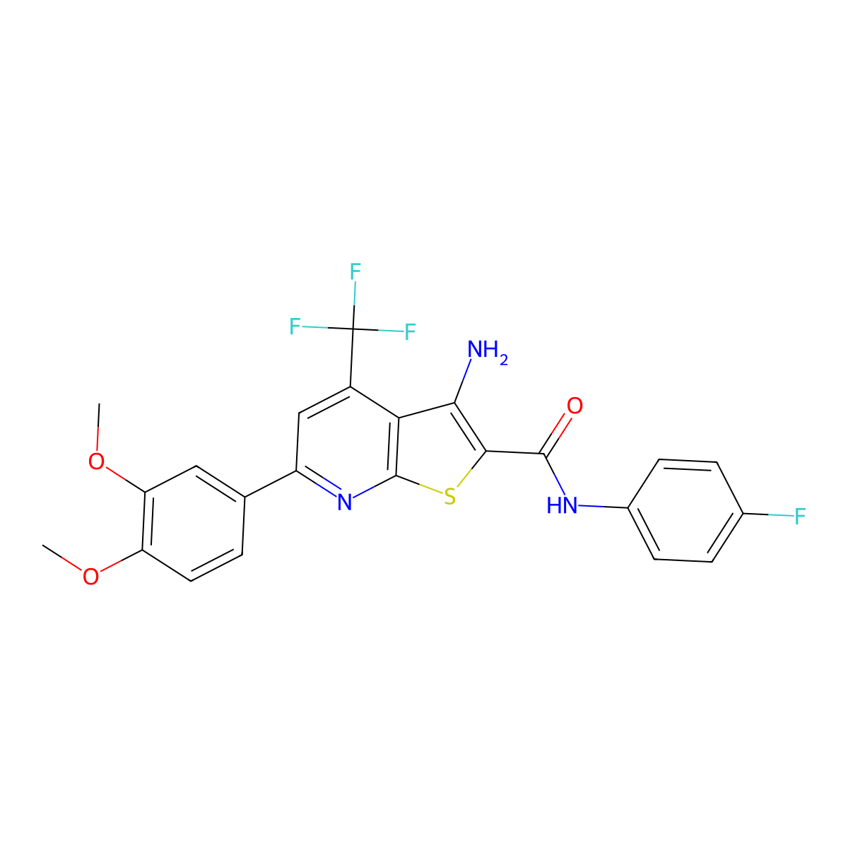 3-amino-6-(3,4-dimethoxyphenyl)-N-(4-fluorophenyl)-4-(trifluoromethyl)thieno[2,3-b]pyridine-2-carboxamide molecular structure, CAS 487037-03-6