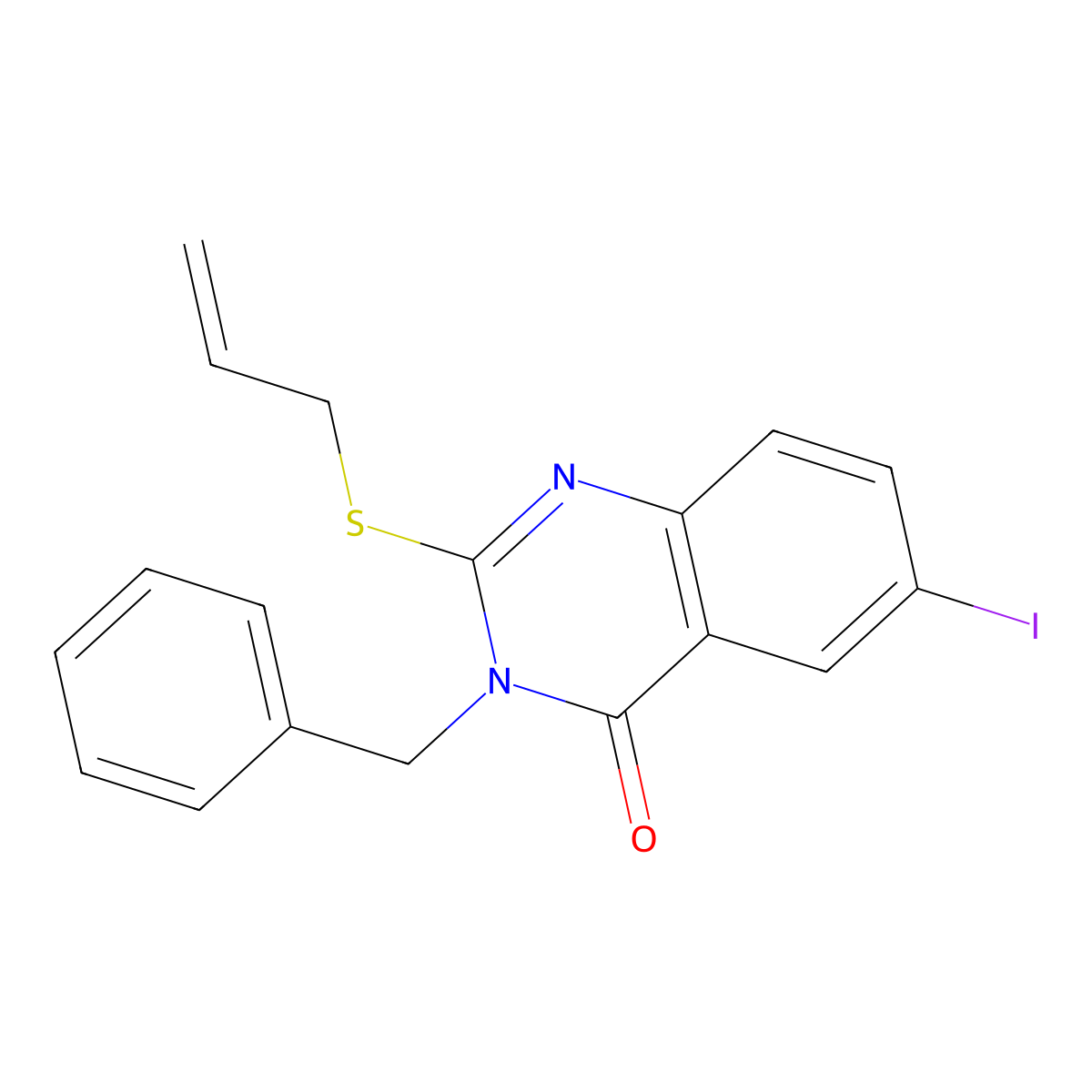3-Benzyl-6-iodo-2-prop-2-enylsulfanylquinazolin-4-one molecular structure, CAS 487037-32-1