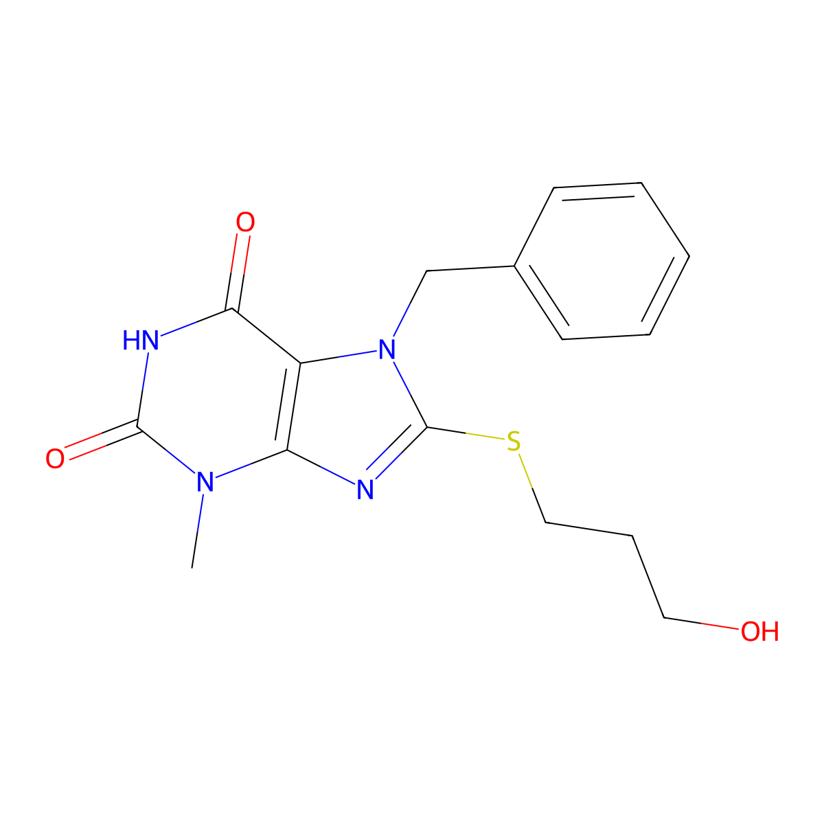 7-benzyl-8-((3-hydroxypropyl)thio)-3-methyl-1H-purine-2,6(3H,7H)-dione molecular structure, CAS 487037-76-3