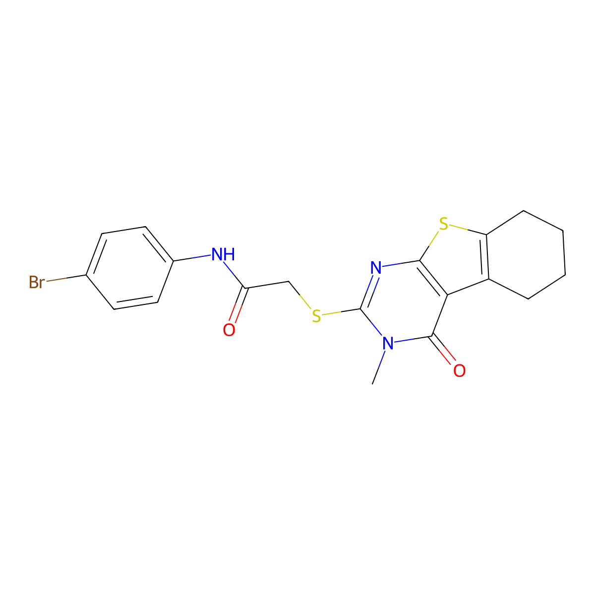 N-(4-bromophenyl)-2-[(3-methyl-4-oxo-5,6,7,8-tetrahydro-[1]benzothiolo[2,3-d]pyrimidin-2-yl)sulfanyl]acetamide molecular structure, CAS 487038-49-3