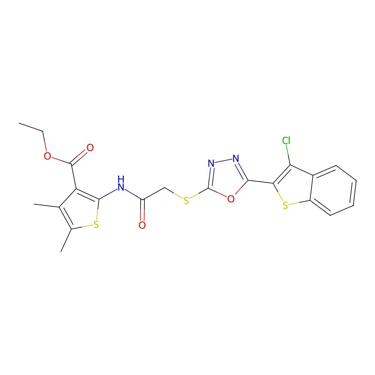 Ethyl 2-[({[5-(3-chloro-1-benzothiophen-2-yl)-1,3,4-oxadiazol-2-yl]sulfanyl}acetyl)amino]-4,5-dimethylthiophene-3-carboxylate molecular structure, CAS 487038-53-9