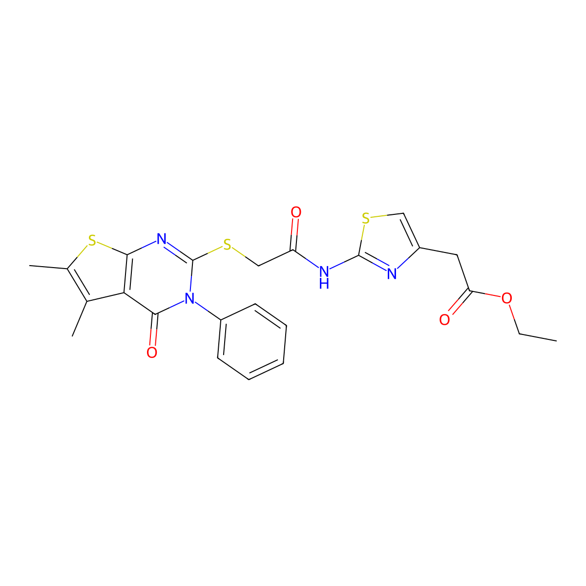 ethyl [(2Z)-2-({[(5,6-dimethyl-4-oxo-3-phenyl-3,4-dihydrothieno[2,3-d]pyrimidin-2-yl)sulfanyl]acetyl}imino)-2,3-dihydro-1,3-thiazol-4-yl]acetate molecular structure, CAS 487038-66-4