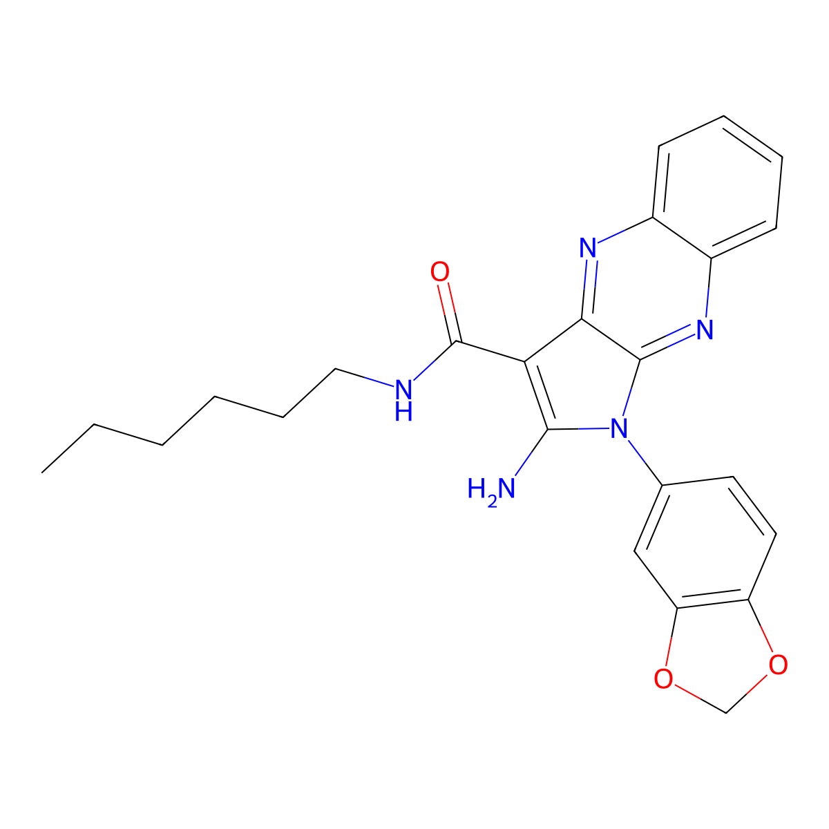 2-amino-1-(1,3-benzodioxol-5-yl)-N-hexyl-1H-pyrrolo[2,3-b]quinoxaline-3-carboxamide molecular structure, CAS 487038-92-6