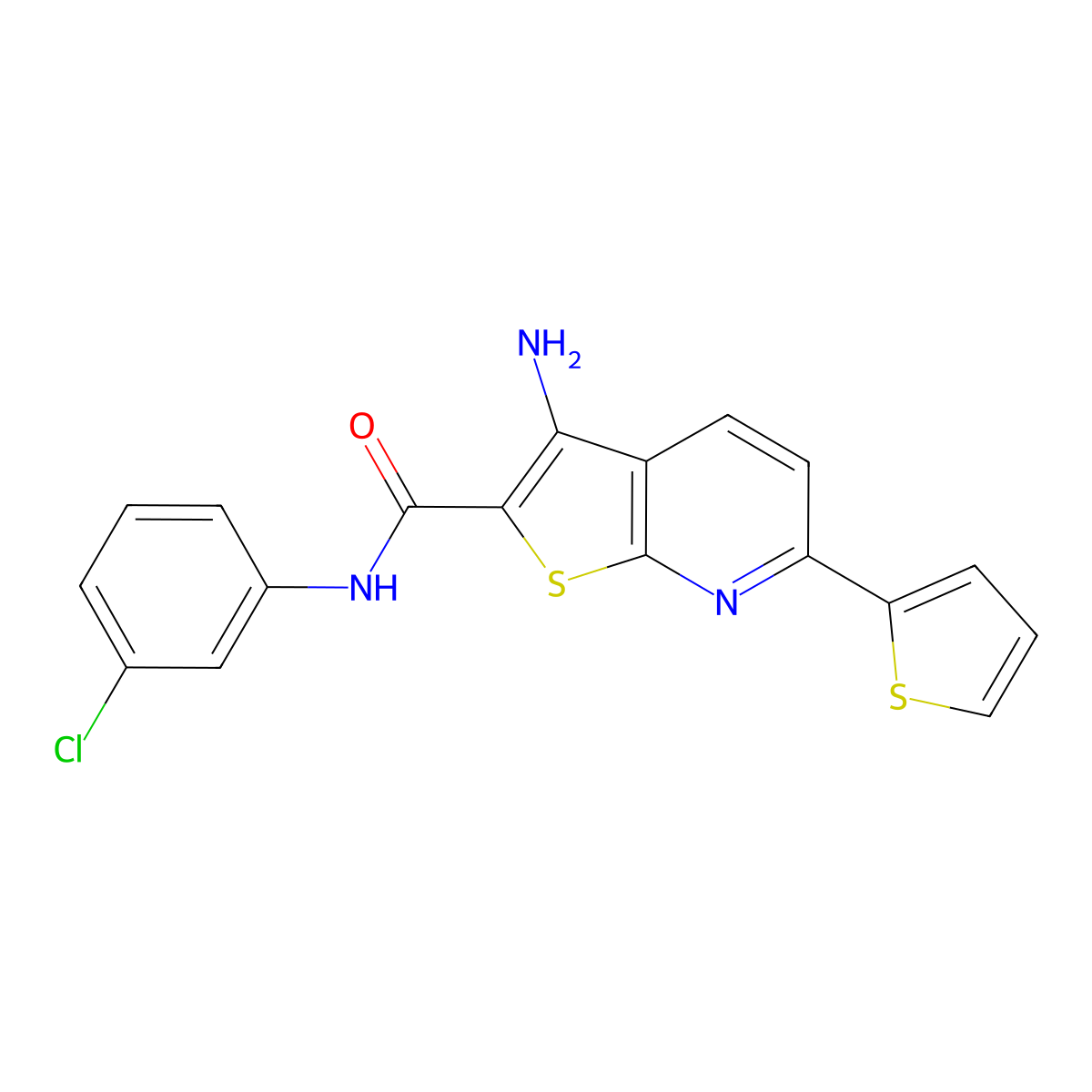 3-amino-N-(3-chlorophenyl)-6-thien-2-ylthieno[2,3-b]pyridine-2-carboxamide molecular structure, CAS 487039-35-0