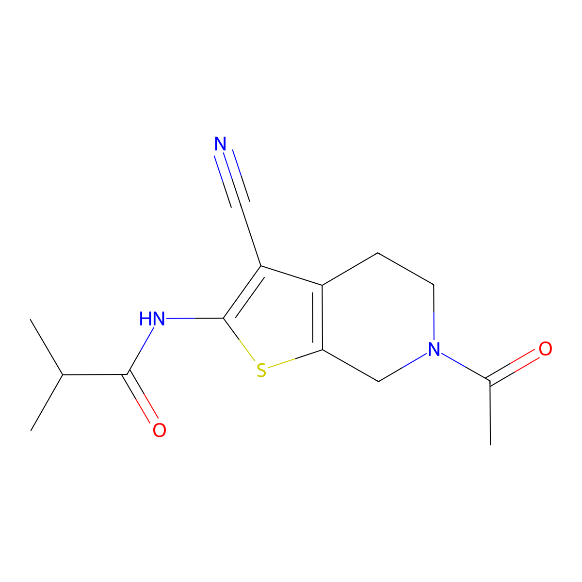N-(6-acetyl-3-cyano-4,5,6,7-tetrahydrothieno[2,3-c]pyridin-2-yl)isobutyramide molecular structure, CAS 487412-86-2