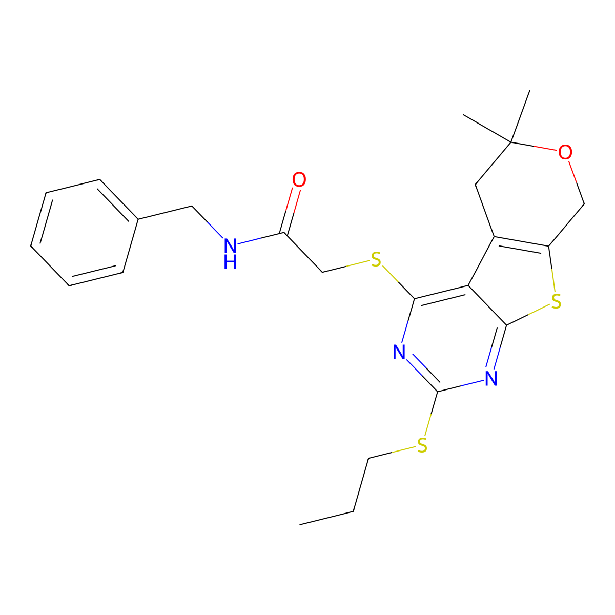 N-Benzyl-2-(6,6-dimethyl-2-propylsulfanyl-5,8-dihydro-6H-pyrano[4',3':4,5]thieno[2,3-d]pyrimidin-4-ylsulf anyl)-acetamide molecular structure, CAS 4876-05-5