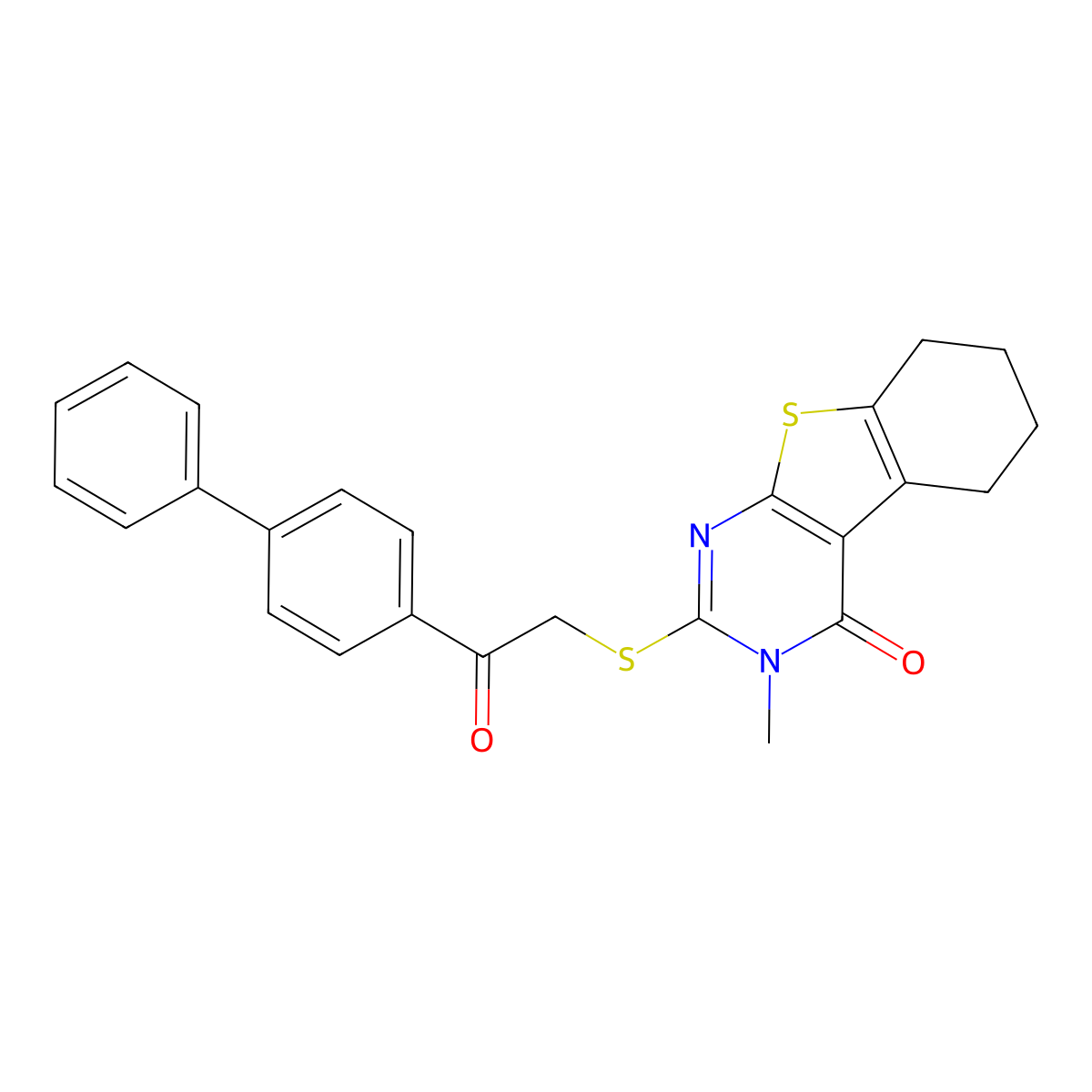3-Methyl-2-[2-oxo-2-(4-phenylphenyl)ethyl]sulfanyl-5,6,7,8-tetrahydro-[1]benzothiolo[2,3-d]pyrimidin-4-one molecular structure, CAS 4877-25-2
