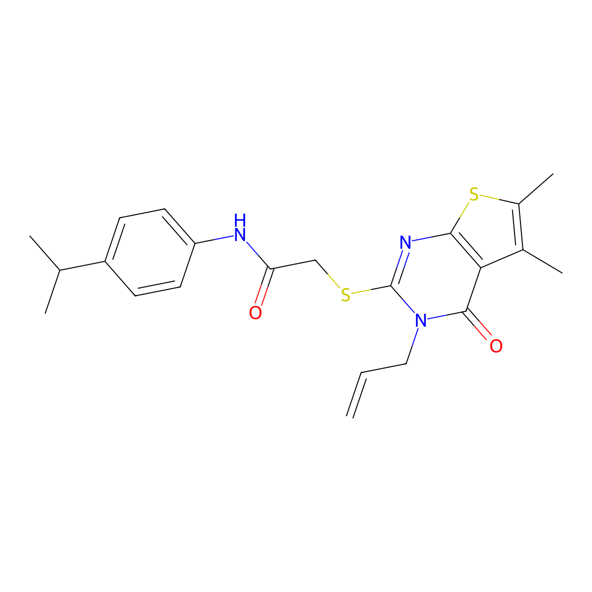 2-(5,6-dimethyl-4-oxo-3-prop-2-enylthieno[2,3-d]pyrimidin-2-yl)sulfanyl-N-(4-propan-2-ylphenyl)acetamide molecular structure, CAS 4877-86-5