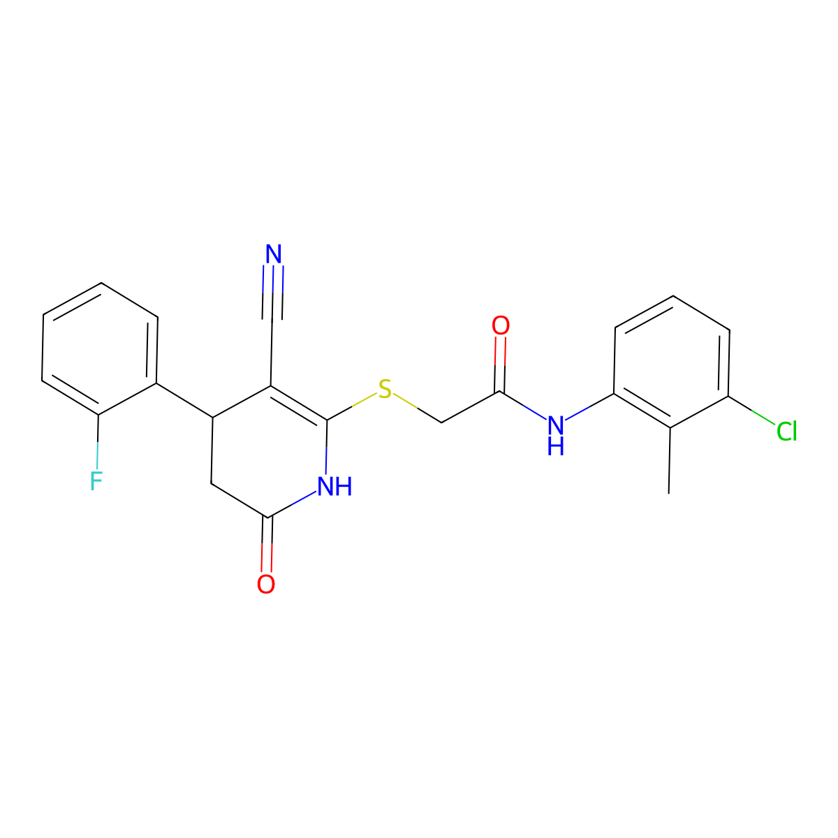 N-(3-chloro-2-methylphenyl)-2-[[5-cyano-4-(2-fluorophenyl)-2-oxo-3,4-dihydro-1H-pyridin-6-yl]sulfanyl]acetamide molecular structure, CAS 488086-18-6