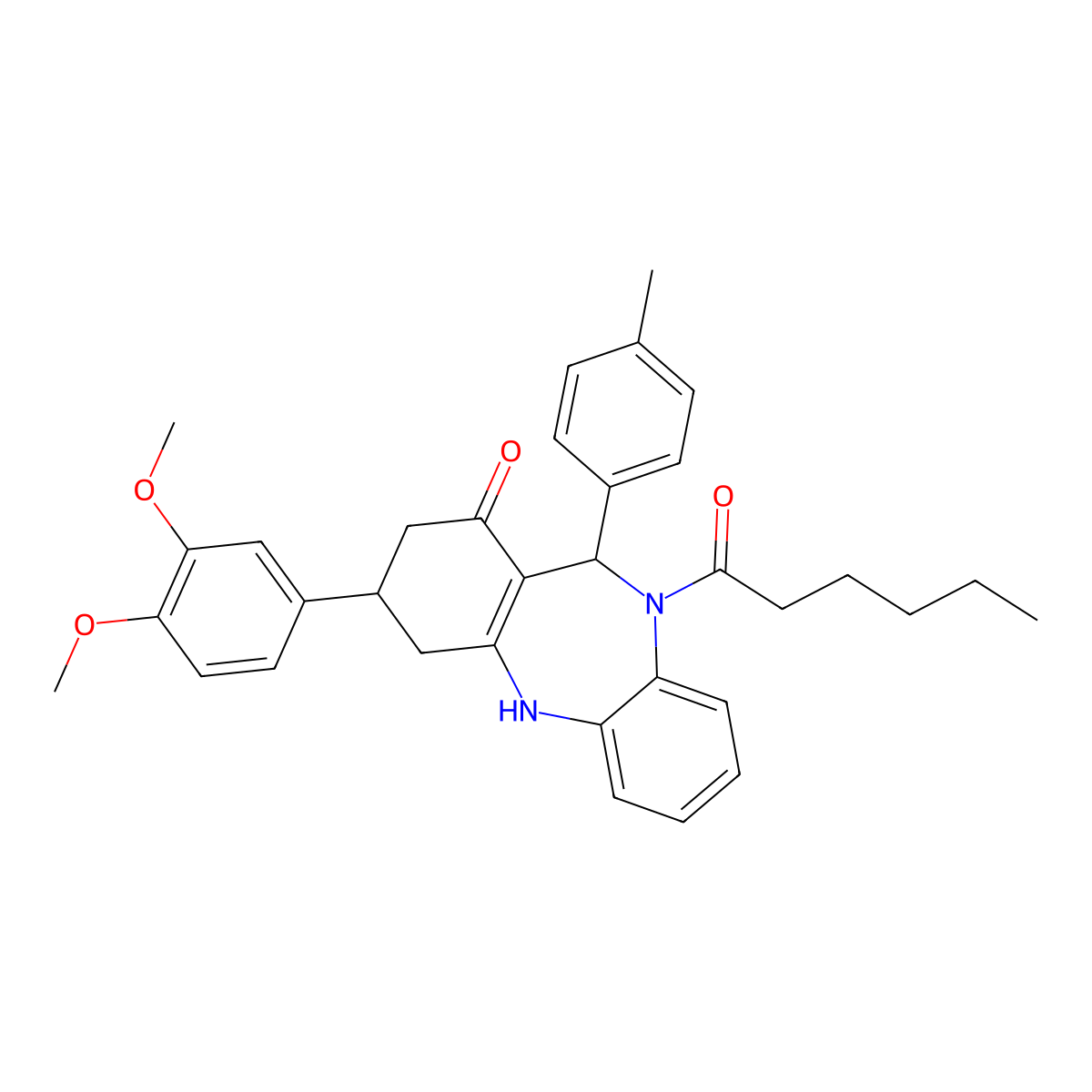 1-[3-(3,4-dimethoxyphenyl)-1-hydroxy-11-(4-methylphenyl)-2,3,4,11-tetrahydro-10H-dibenzo[b,e][1,4]diazepin-10-yl]hexan-1-one molecular structure, CAS 488086-79-9