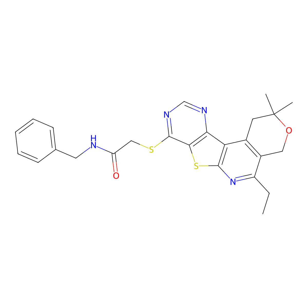 N-benzyl-2-((5-ethyl-2,2-dimethyl-2,4-dihydro-1H-pyrano[4'',3'':4',5']pyrido[3',2':4,5]thieno[3,2-d]pyrimidin-8-yl)thio)acetamide molecular structure, CAS 488087-75-8