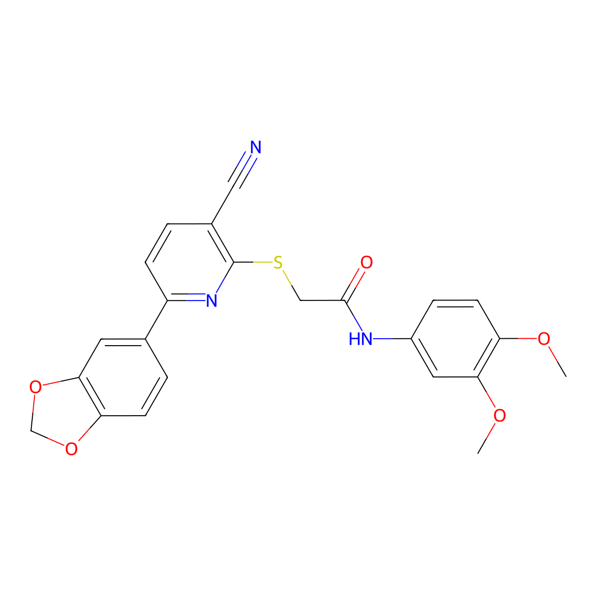 2-[6-(1,3-benzodioxol-5-yl)-3-cyanopyridin-2-yl]sulfanyl-N-(3,4-dimethoxyphenyl)acetamide molecular structure, CAS 488087-92-9