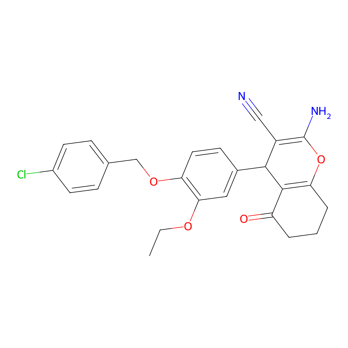 2-Amino-4-[4-[(4-chlorophenyl)methoxy]-3-ethoxyphenyl]-5-oxo-4,6,7,8-tetrahydrochromene-3-carbonitrile molecular structure, CAS 488088-45-5