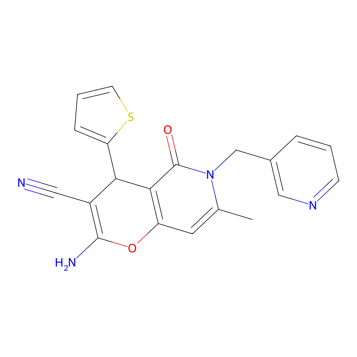 2-amino-7-methyl-5-oxo-6-(pyridin-3-ylmethyl)-4-(thiophen-2-yl)-5,6-dihydro-4H-pyrano[3,2-c]pyridine-3-carbonitrile molecular structure, CAS 488089-15-2