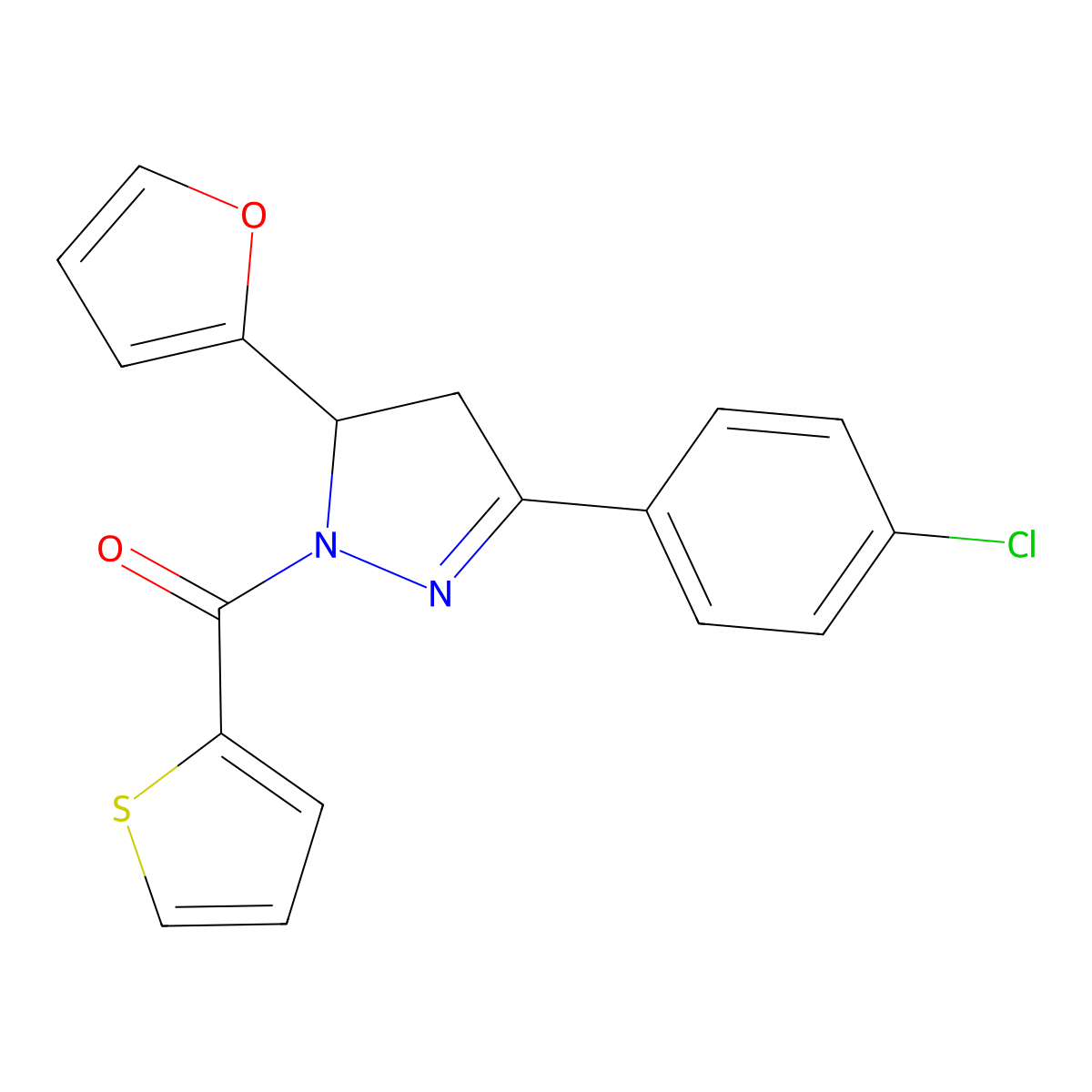 (3-(4-chlorophenyl)-5-(furan-2-yl)-4,5-dihydro-1H-pyrazol-1-yl)(thiophen-2-yl)methanone molecular structure, CAS 488090-01-3