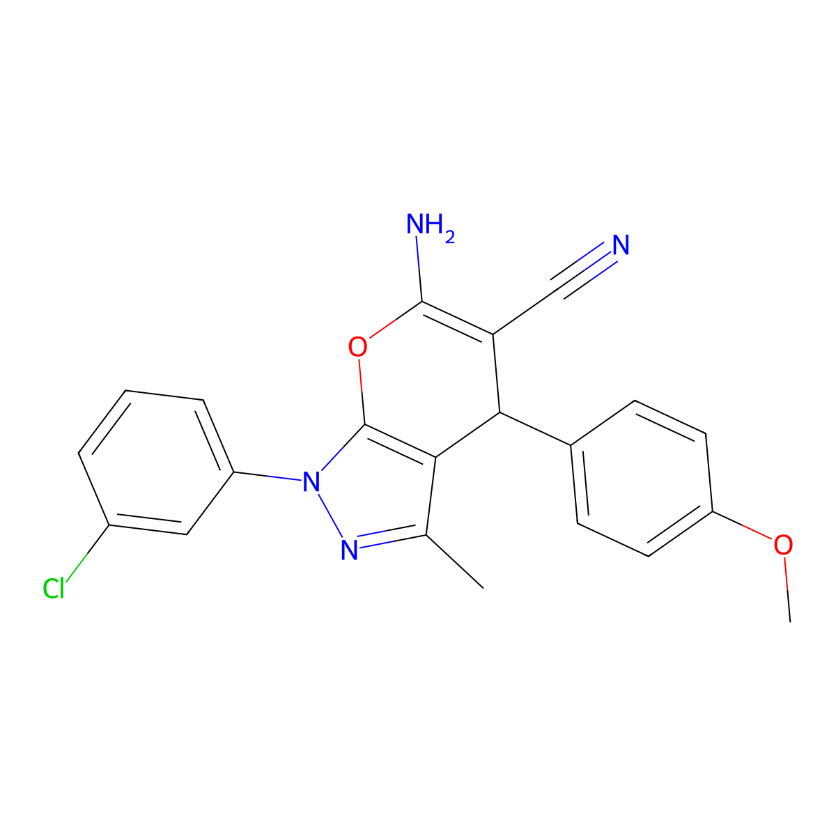 6-amino-1-(3-chlorophenyl)-4-(4-methoxyphenyl)-3-methyl-4H-pyrano[2,3-c]pyrazole-5-carbonitrile molecular structure, CAS 488093-76-1