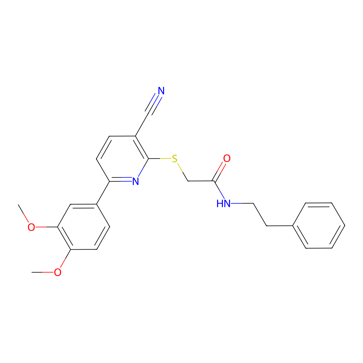 2-{[3-cyano-6-(3,4-dimethoxyphenyl)pyridin-2-yl]sulfanyl}-N-(2-phenylethyl)acetamide molecular structure, CAS 488094-59-3