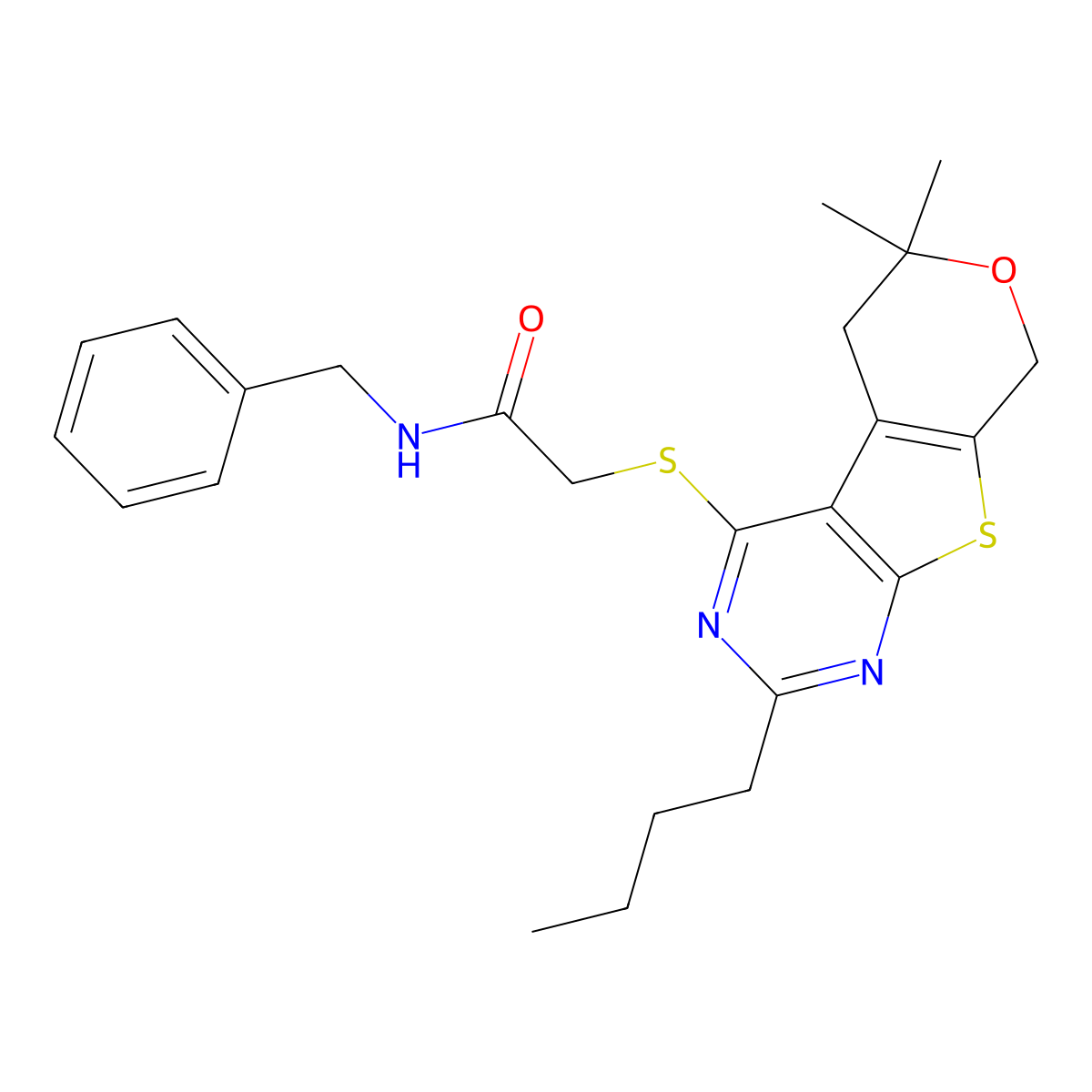 N-benzyl-2-[(2-butyl-6,6-dimethyl-5,8-dihydro-6H-pyrano[4',3':4,5]thieno[2,3-d]pyrimidin-4-yl)sulfanyl]acetamide molecular structure, CAS 488095-24-5