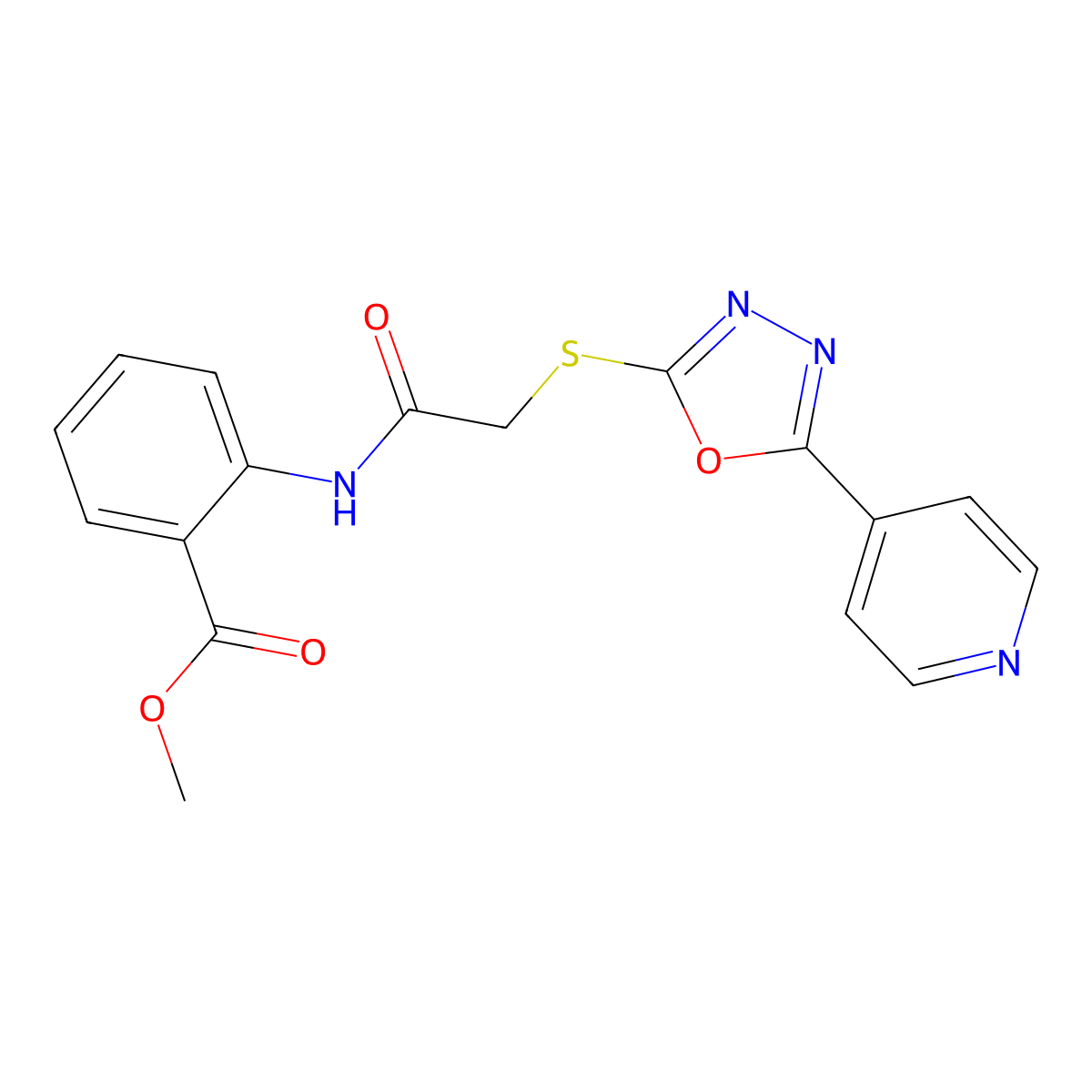 Benzoic acid, 2-[2-(5-pyridin-4-yl-[1,3,4]oxadiazol-2-ylsulfanyl)acetylamino]-, methyl ester molecular structure, CAS 488100-85-2