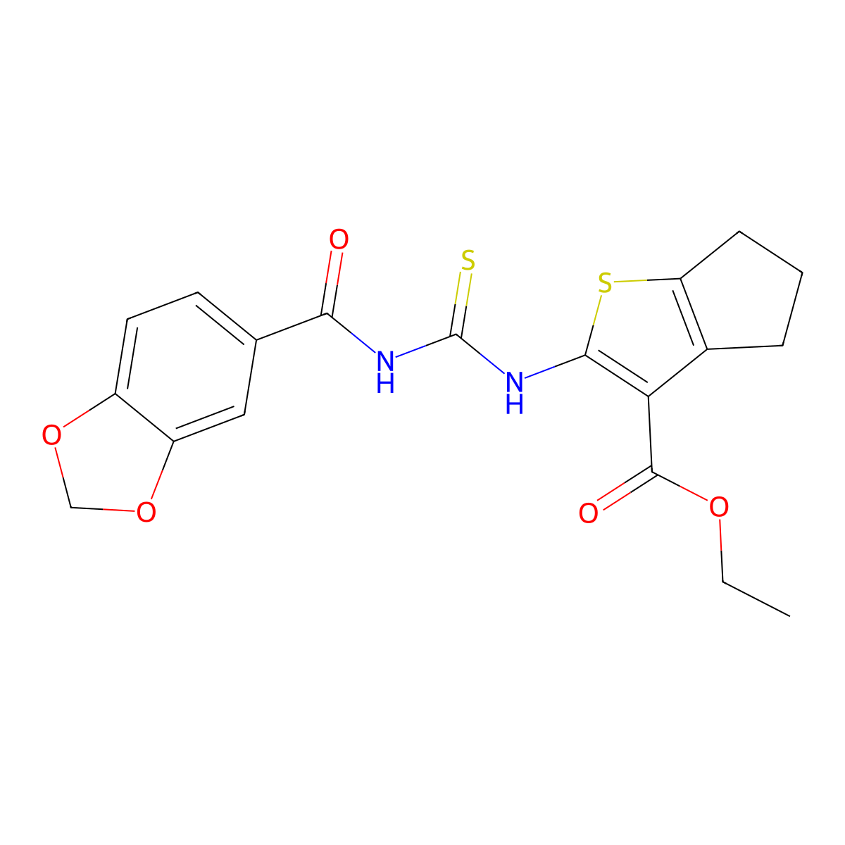 ethyl 2-{[(1,3-benzodioxol-5-ylcarbonyl)carbamothioyl]amino}-5,6-dihydro-4H-cyclopenta[b]thiophene-3-carboxylate molecular structure, CAS 488101-02-6