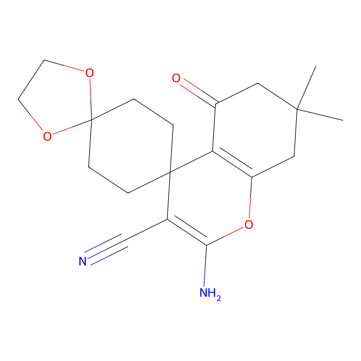 2-Amino-7,7-dimethyl-5-oxo-5,6,7,8-tetrahydrodispiro[chromene-4,1'-cyclohexane-4',2''-[1,3]dioxolane]-3-carbonitrile molecular structure, CAS 488101-51-5
