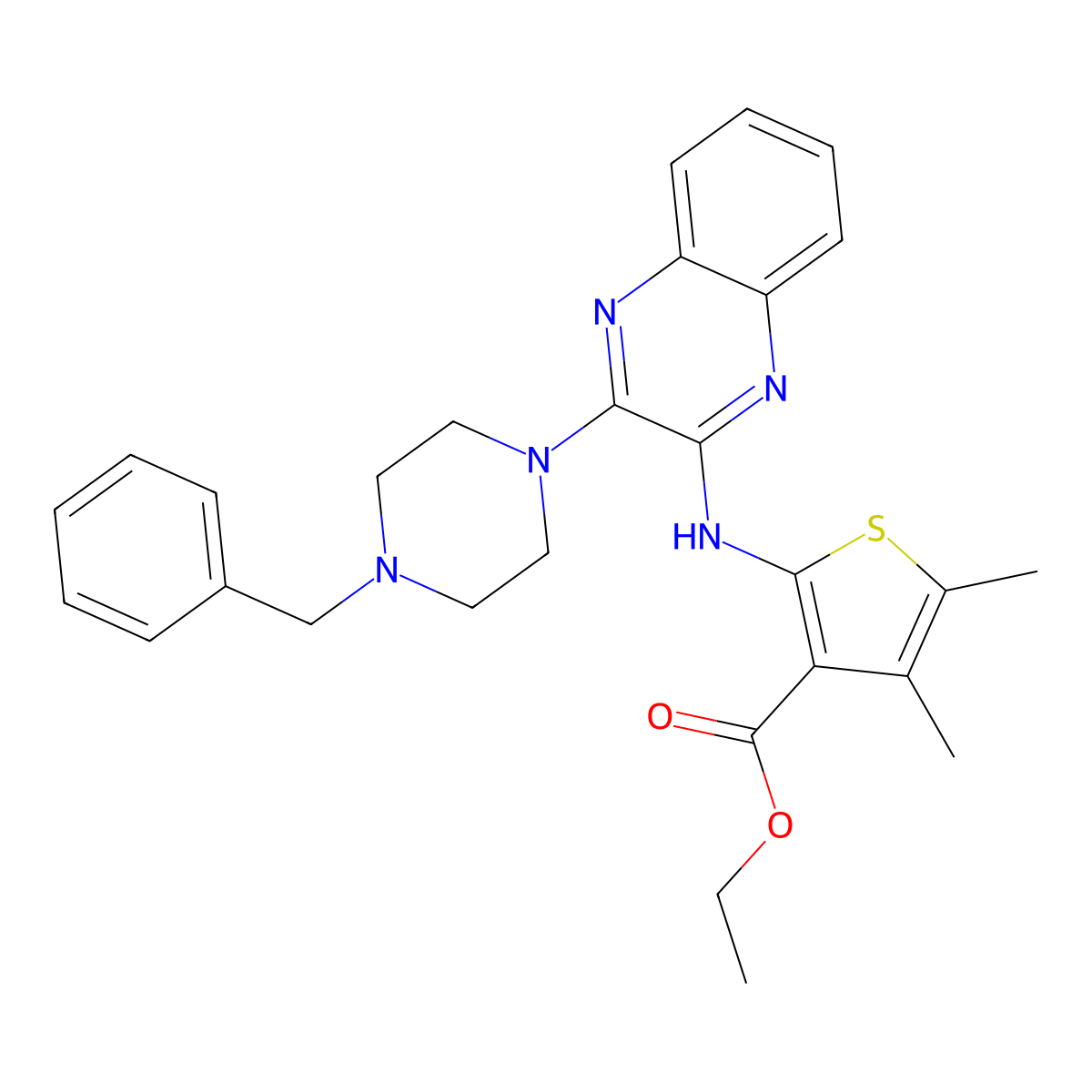 Ethyl 2-{[3-(4-benzylpiperazin-1-yl)quinoxalin-2-yl]amino}-4,5-dimethylthiophene-3-carboxylate molecular structure, CAS 488101-78-6