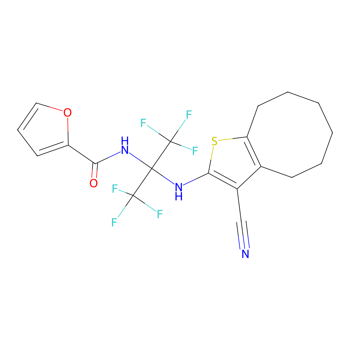 N-[2-[(3-cyano-4,5,6,7,8,9-hexahydrocycloocta[b]thiophen-2-yl)amino]-1,1,1,3,3,3-hexafluoropropan-2-yl]furan-2-carboxamide molecular structure, CAS 488103-03-3
