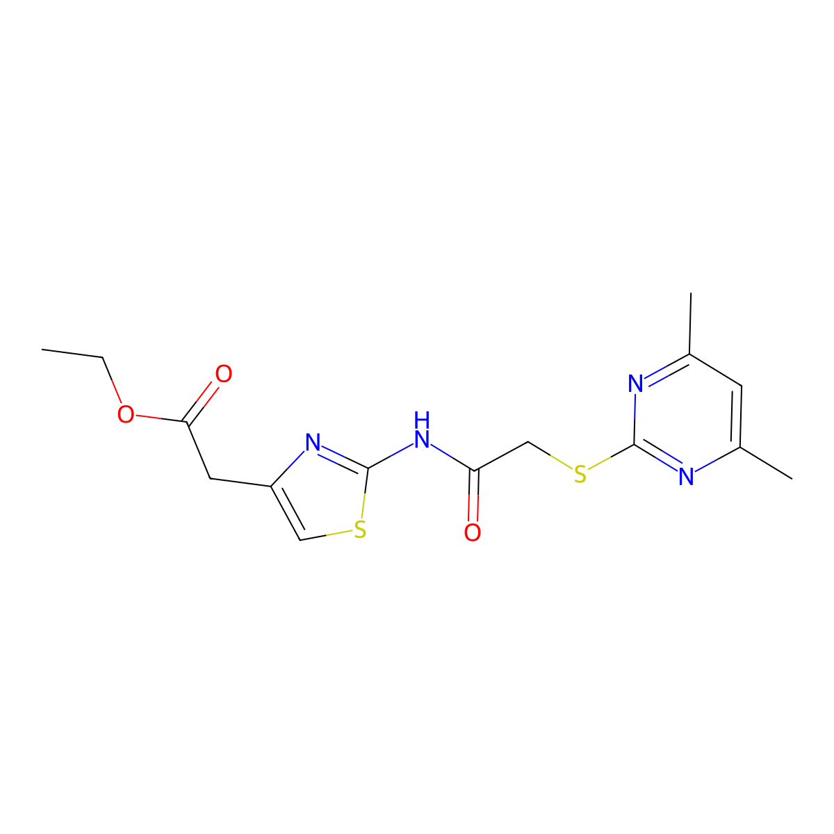 Ethyl 2-(2-(2-((4,6-dimethylpyrimidin-2-yl)thio)acetamido)thiazol-4-yl)acetate molecular structure, CAS 488103-69-1