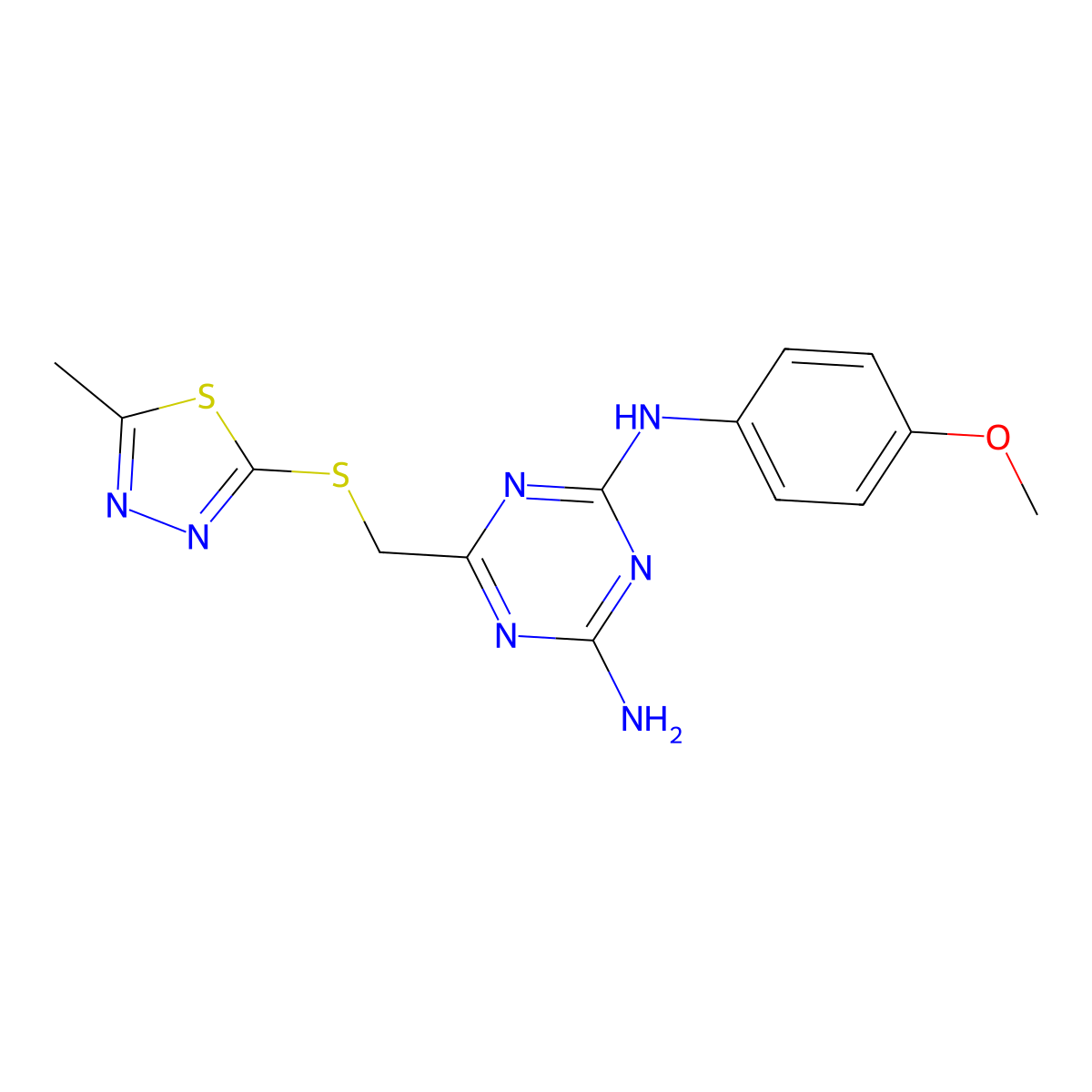 N-(4-Methoxy-phenyl)-6-(5-methyl-[1,3,4]thiadiazol-2-ylsulfanylmethyl)-[1,3,5]triazine-2,4-diamine molecular structure, CAS 488107-53-5