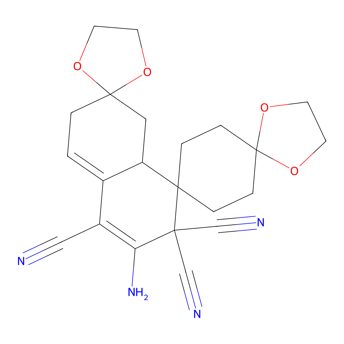 2'-amino-4'a,5',6',7'-tetrahydro-dispiro(1,3-dioxolane-2,6'-naphthalene-4',8''-[1,4]dioxaspiro[4.5]decane)-1',3',3'(4'H)-tricarbonitrile molecular structure, CAS 488107-96-6