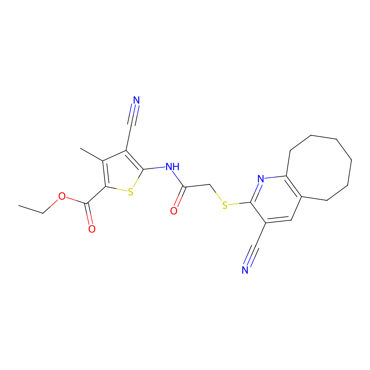 Ethyl 4-cyano-5-[[2-[(3-cyano-5,6,7,8,9,10-hexahydrocycloocta[b]pyridin-2-yl)sulfanyl]acetyl]amino]-3-methylthiophene-2-carboxylate molecular structure, CAS 488108-33-4