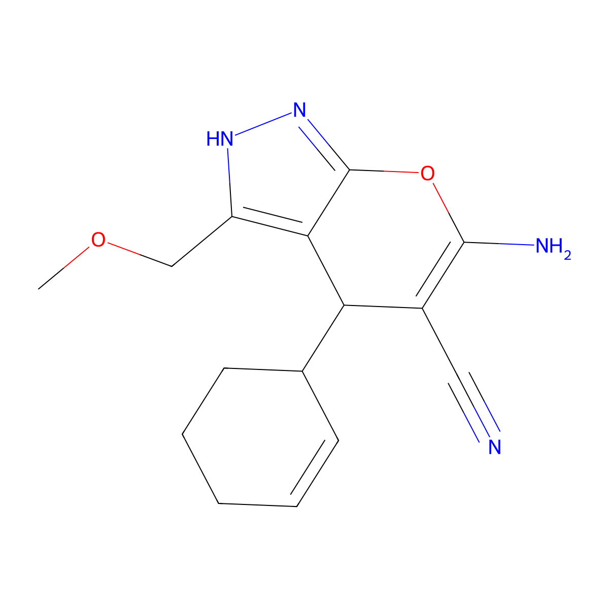 6-Amino-4-cyclohex-2-en-1-yl-3-(methoxymethyl)-2,4-dihydropyrano[2,3-c]pyrazole-5-carbonitrile molecular structure, CAS 488108-55-0
