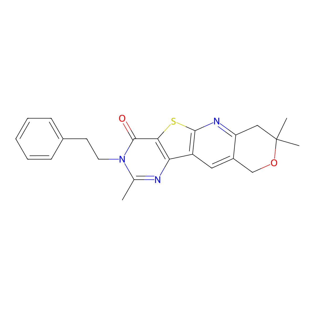 2,8,8-trimethyl-3-(2-phenylethyl)-7,10-dihydro-8H-pyrano[3'',4'':5',6']pyrido[3',2':4,5]thieno[3,2-d]pyrimidin-4(3H)-one molecular structure, CAS 488109-30-4