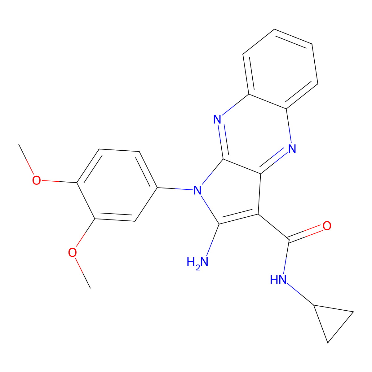 2-amino-N-cyclopropyl-1-(3,4-dimethoxyphenyl)-1H-pyrrolo[2,3-b]quinoxaline-3-carboxamide molecular structure, CAS 488109-55-3