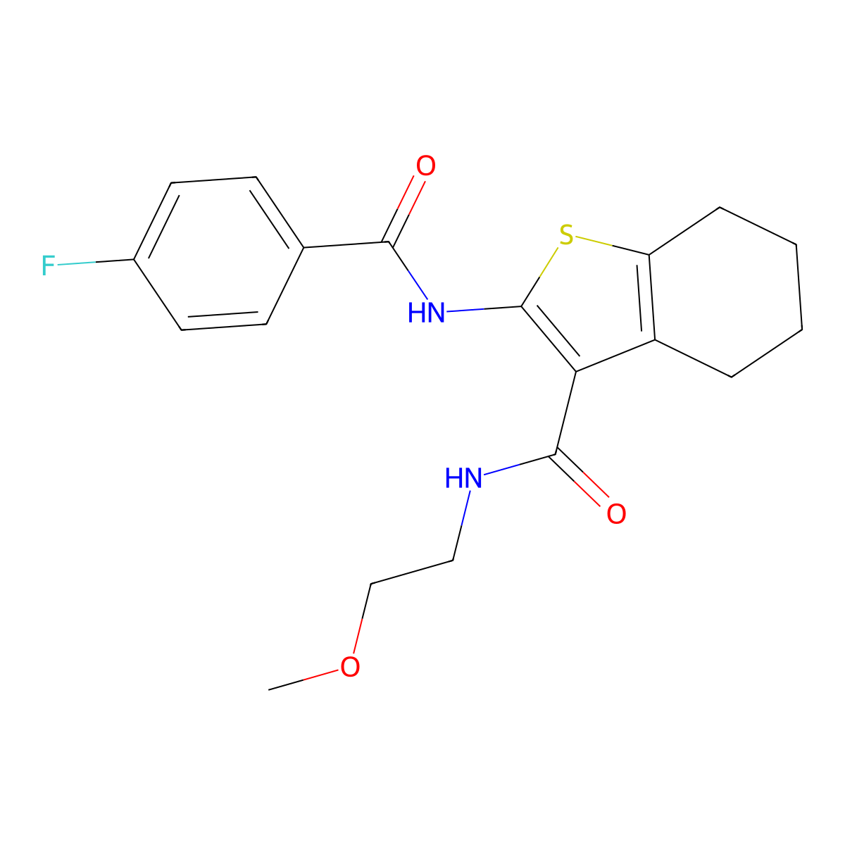 2-(4-fluorobenzamido)-N-(2-methoxyethyl)-4,5,6,7-tetrahydrobenzo[b]thiophene-3-carboxamide molecular structure, CAS 488110-24-3