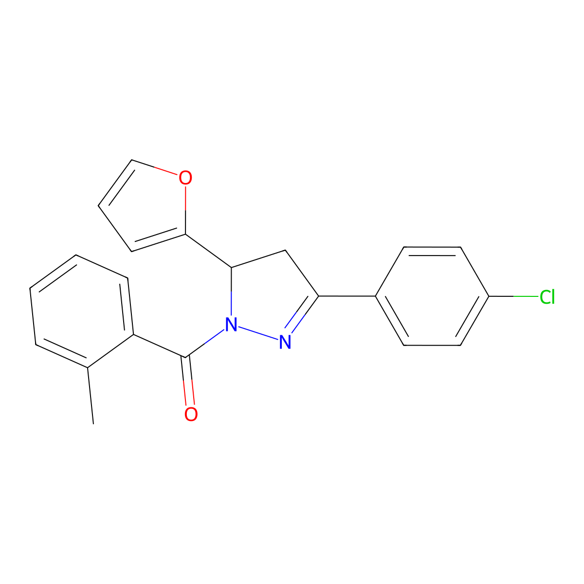 [5-(4-Chlorophenyl)-3-(furan-2-yl)-3,4-dihydropyrazol-2-yl]-(2-methylphenyl)methanone molecular structure, CAS 488110-41-4