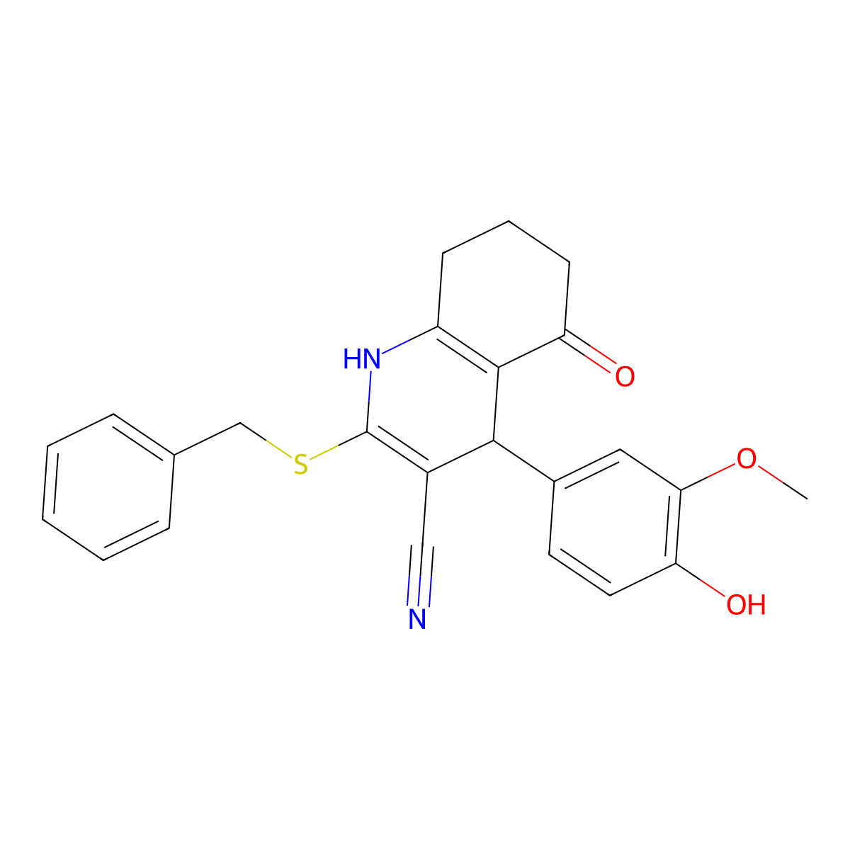 2-(Benzylsulfanyl)-4-(4-hydroxy-3-methoxyphenyl)-5-oxo-1,4,5,6,7,8-hexahydroquinoline-3-carbonitrile molecular structure, CAS 488118-82-7