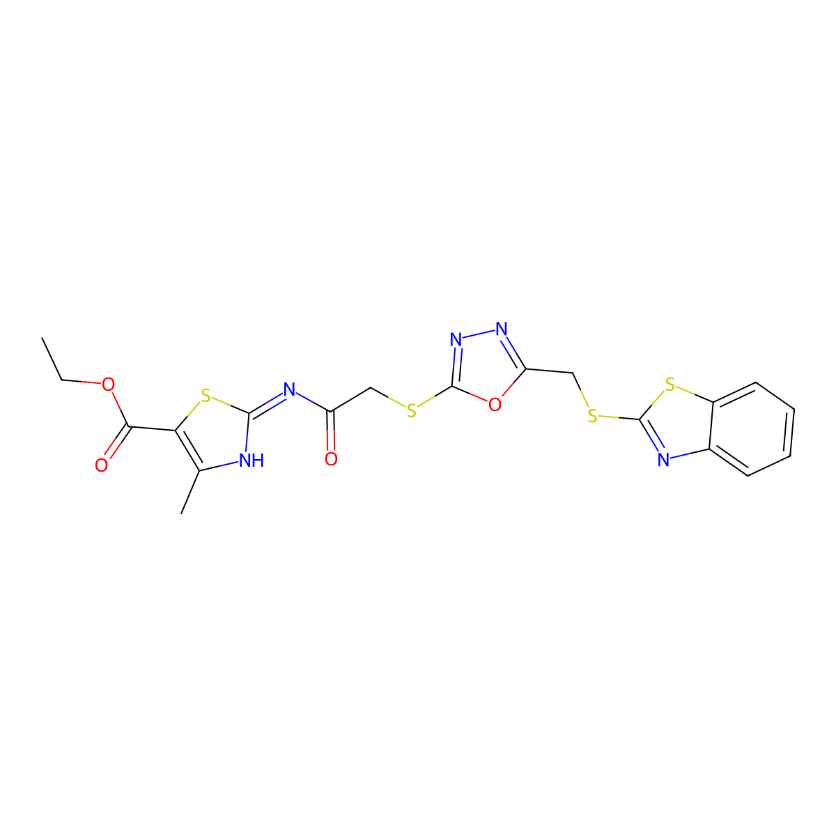 Ethyl 2-[[2-[[5-(1,3-benzothiazol-2-ylsulfanylmethyl)-1,3,4-oxadiazol-2-yl]sulfanyl]acetyl]amino]-4-methyl-1,3-thiazole-5-carboxylate molecular structure, CAS 488119-56-8