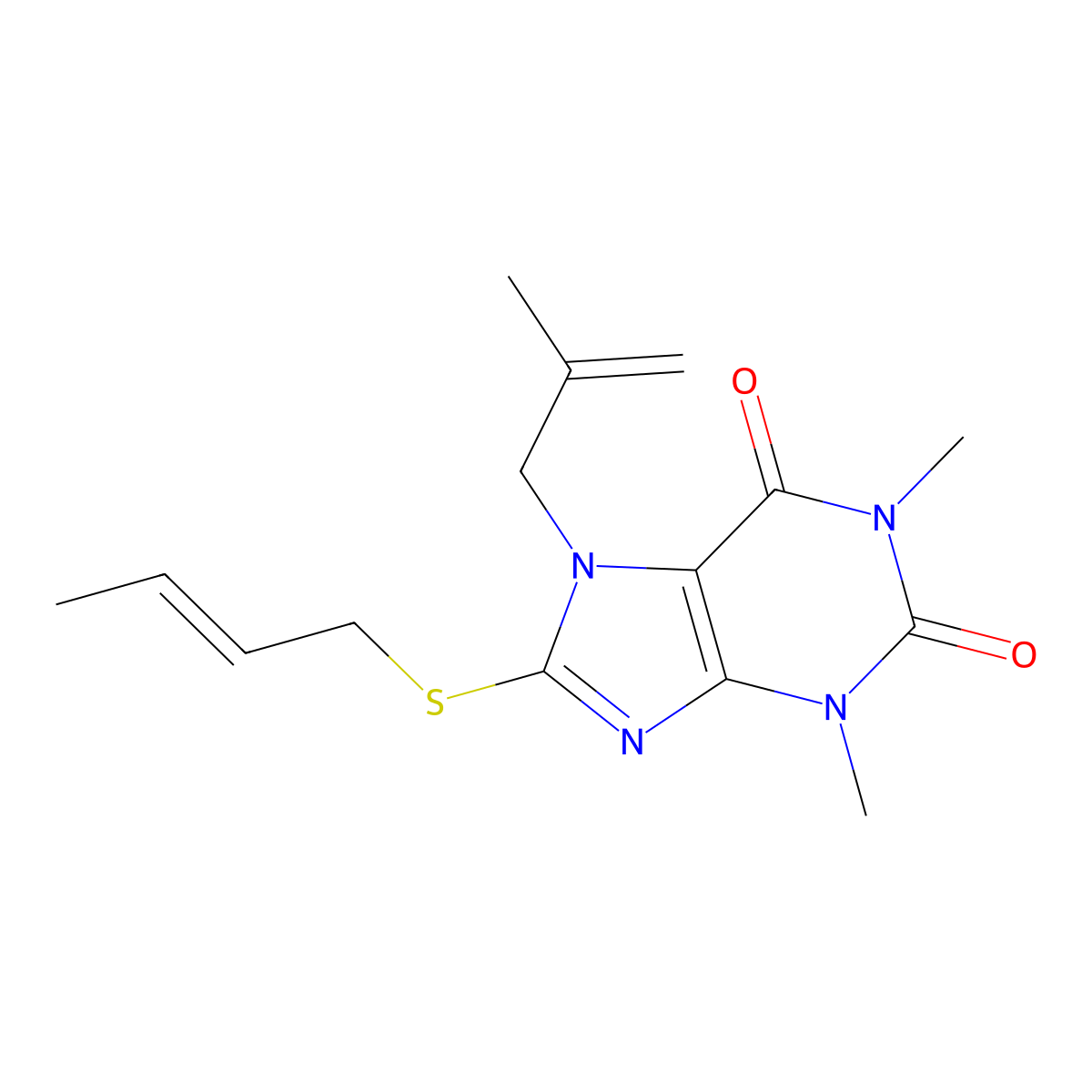 8-But-2-enylsulfanyl-1,3-dimethyl-7-(2-methylprop-2-enyl)purine-2,6-dione molecular structure, CAS 488119-83-1