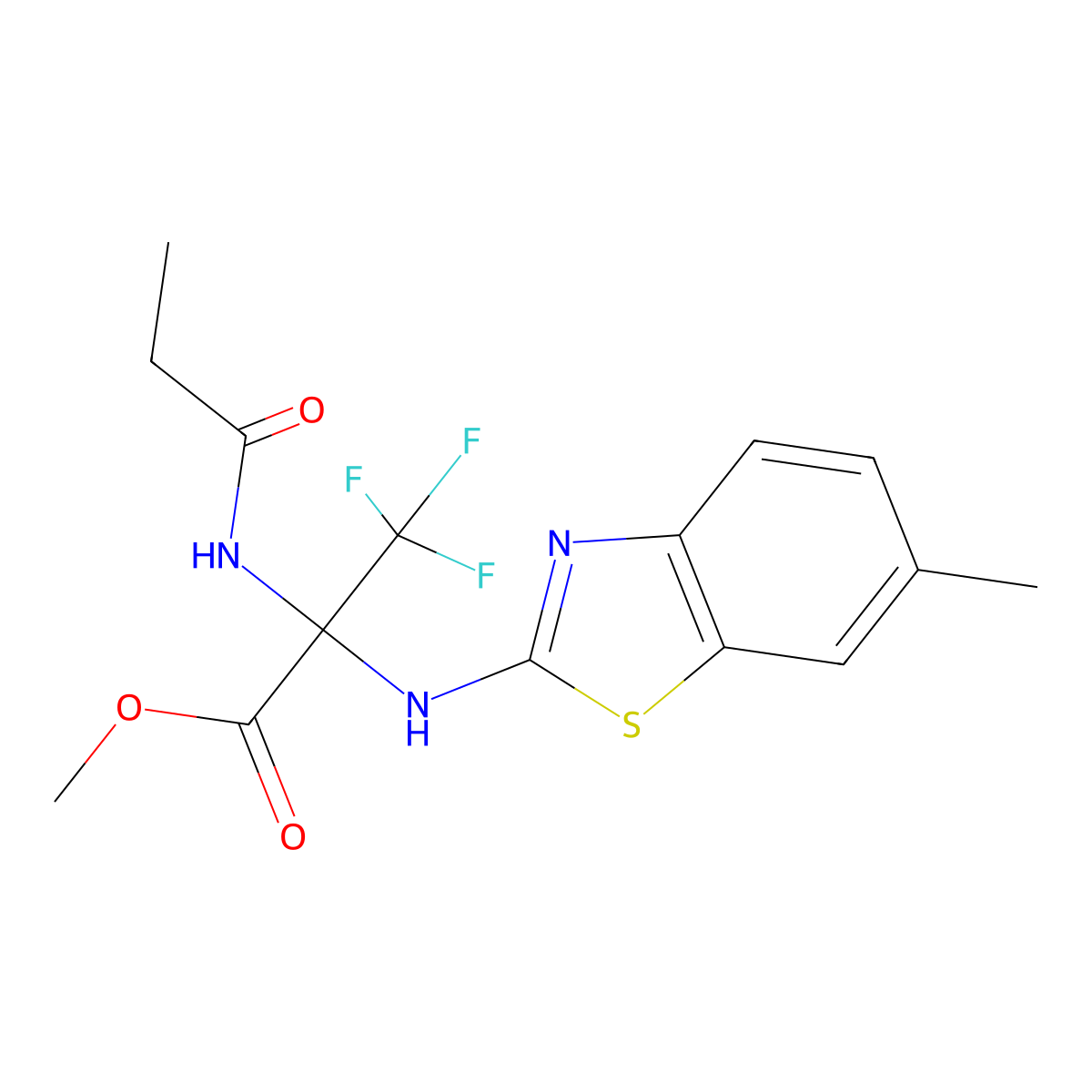Methyl 3,3,3-trifluoro-2-[(6-methyl-1,3-benzothiazol-2-yl)amino]-2-(propanoylamino)propanoate molecular structure, CAS 488120-33-8