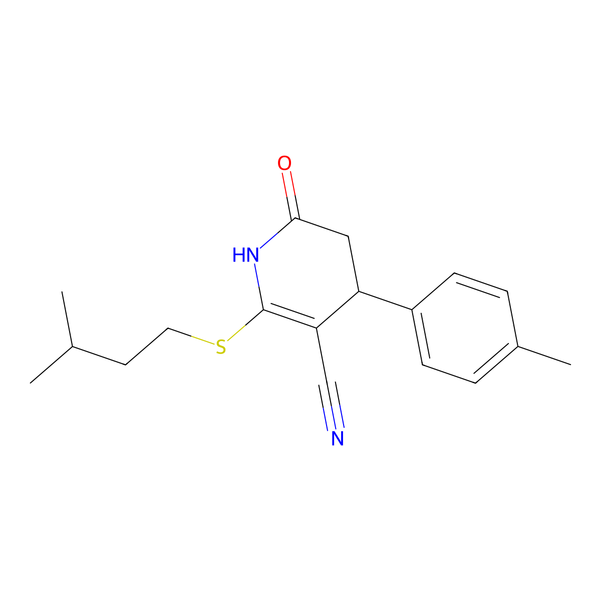 6-(3-methylbutylsulfanyl)-4-(4-methylphenyl)-2-oxo-3,4-dihydro-1H-pyridine-5-carbonitrile molecular structure, CAS 488122-42-5