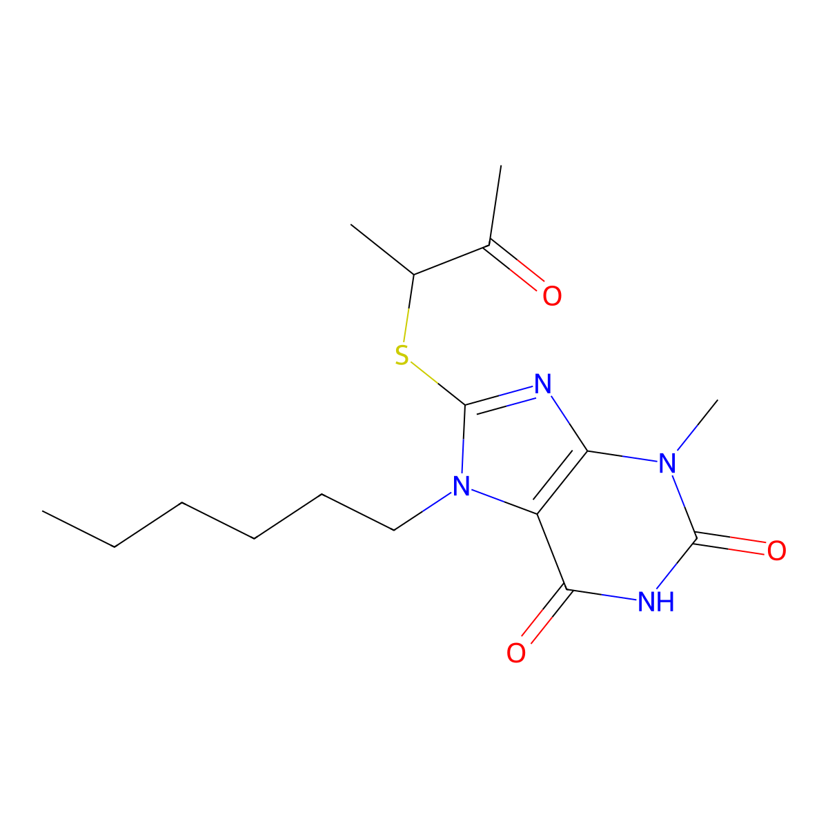 7-hexyl-3-methyl-8-((3-oxobutan-2-yl)thio)-1H-purine-2,6(3H,7H)-dione molecular structure, CAS 488123-01-9