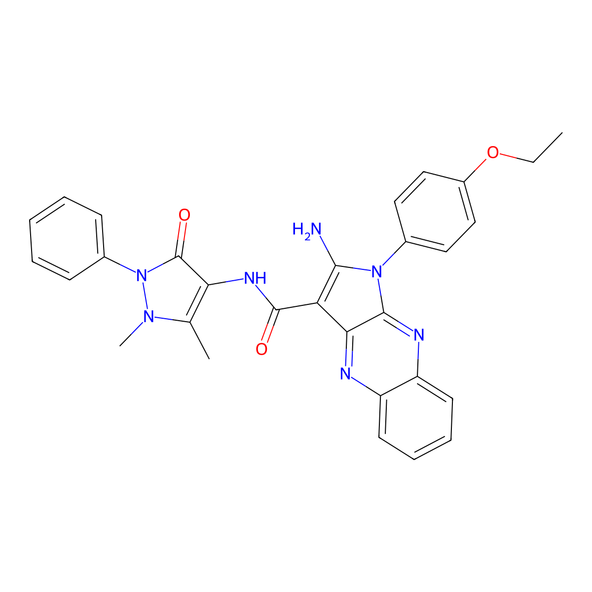 2-amino-N-(1,5-dimethyl-3-oxo-2-phenyl-2,3-dihydro-1H-pyrazol-4-yl)-1-(4-ethoxyphenyl)-1H-pyrrolo[2,3-b]quinoxaline-3-carboxamide molecular structure, CAS 488128-72-9