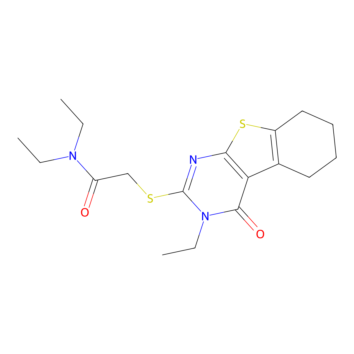 N,N-diethyl-2-[(3-ethyl-4-oxo-3,4,5,6,7,8-hexahydro[1]benzothieno[2,3-d]pyrimidin-2-yl)sulfanyl]acetamide molecular structure, CAS 488129-05-1