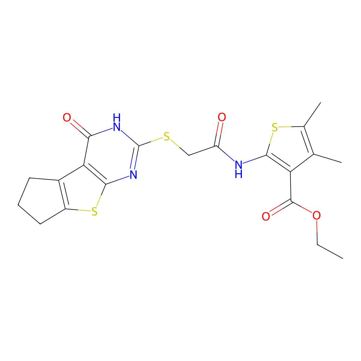 ethyl 4,5-dimethyl-2-(2-((4-oxo-4,5,6,7-tetrahydro-3H-cyclopenta[4,5]thieno[2,3-d]pyrimidin-2-yl)thio)acetamido)thiophene-3-carboxylate molecular structure, CAS 488129-18-6